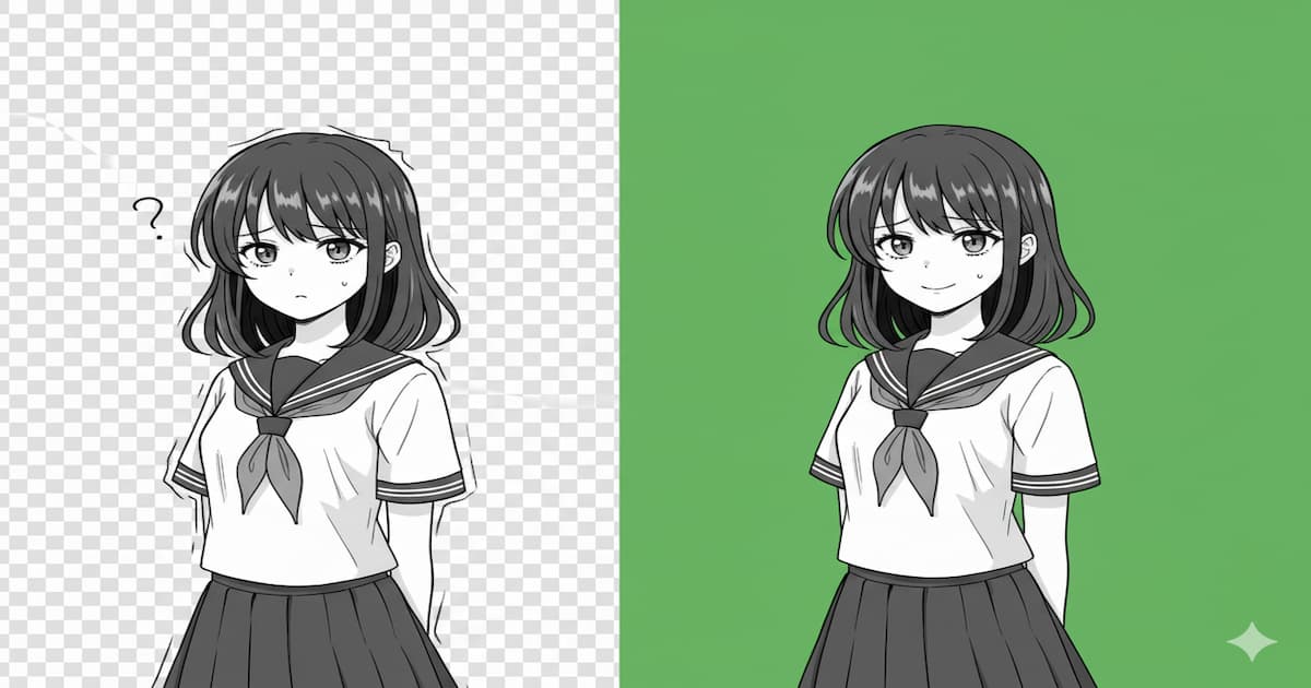 AI漫画の背景透過に関するアイキャッチ画像。左側には背景が透過（市松模様）されず困惑した表情のモノクロのアニメの女子学生が描かれ、右側には緑色の背景の前で穏やかな表情をしている同じ女子学生が描かれている。