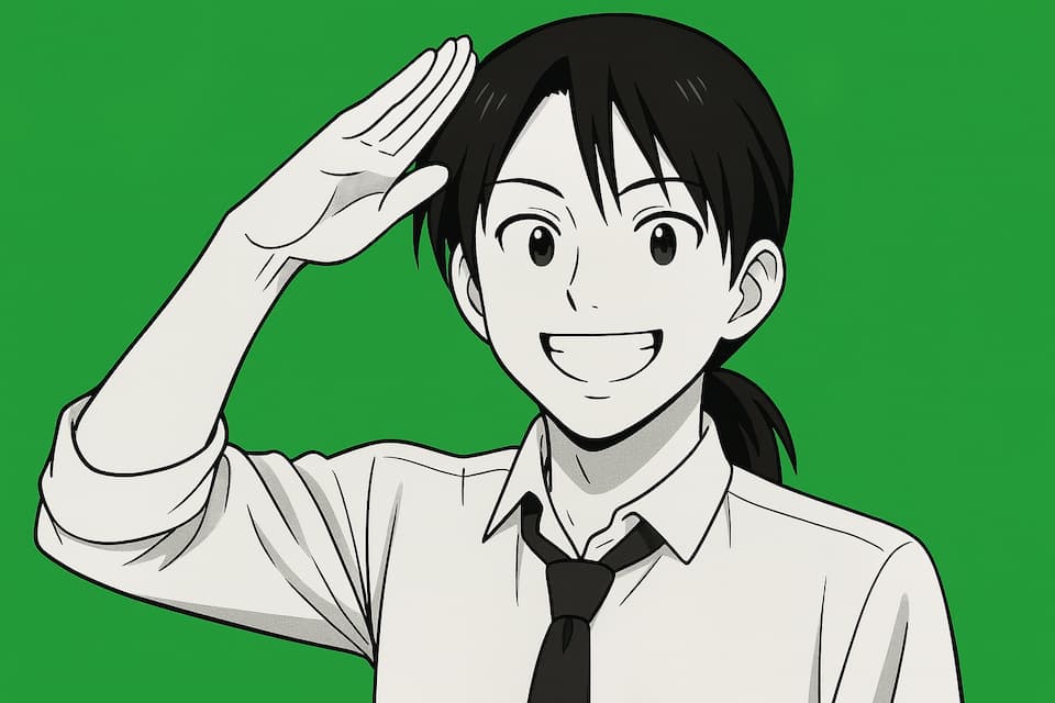  AI画像生成グリーンバックの成功例。モノクロのキャラクターと背景の緑が明確に分離されている。