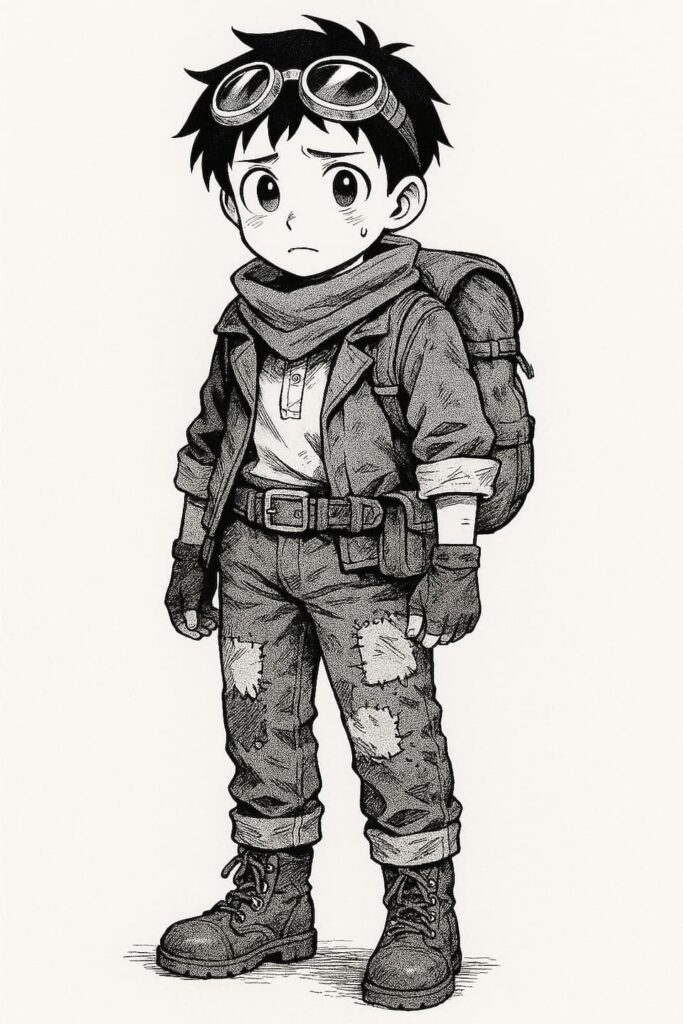 モノクロの漫画風イラスト。大きな瞳と困り眉の少年が、ゴーグルを頭に付け、首にスカーフ、袖をまくったジャケット、腰のポーチ、破れたズボン、厚手のブーツを身に着け、背中に大きなバックパックを背負って立っている。少し不安げながらも芯の強さを感じさせる表情。