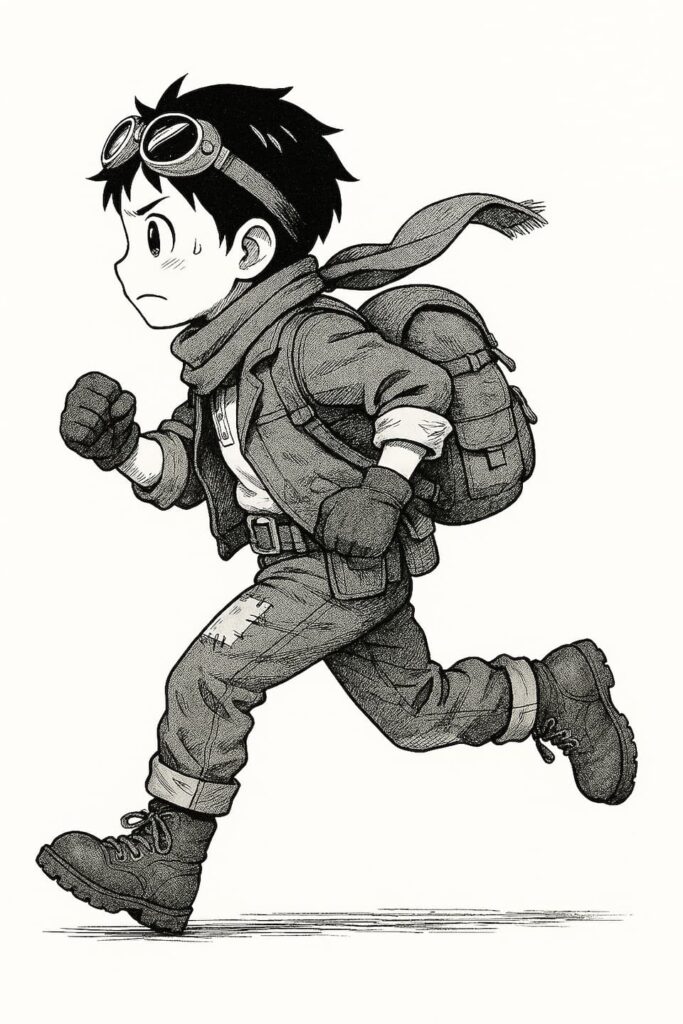 モノクロの漫画風イラスト。横向きで走っている少年。頭にゴーグルをつけ、首のスカーフがなびき、袖をまくったジャケットと破れたズボン、厚手のブーツを身に着けている。腰のポーチや背中のバックパックが動きに合わせて揺れている。表情は不安げながらも真剣で、冒険者・サバイバル風の雰囲気を持つ。