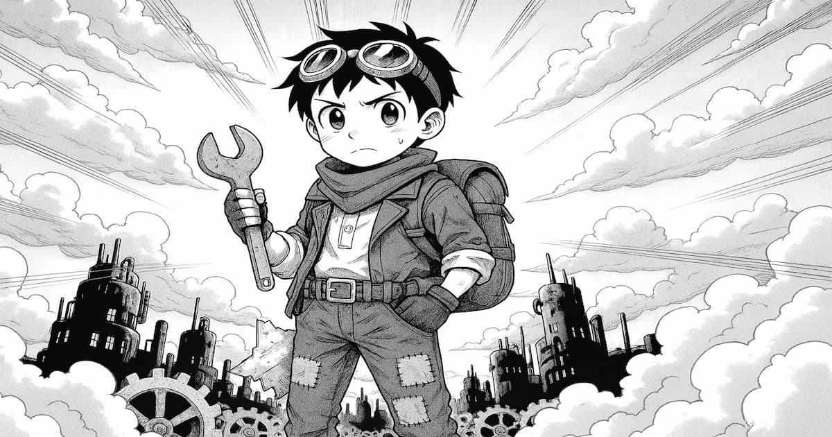 ゴーグルとマフラーを身に着けた少年が大きなスパナを手に持ち、雲と歯車に包まれたスチームパンク風の荒廃した都市を背景に立っているモノクロ漫画イラスト