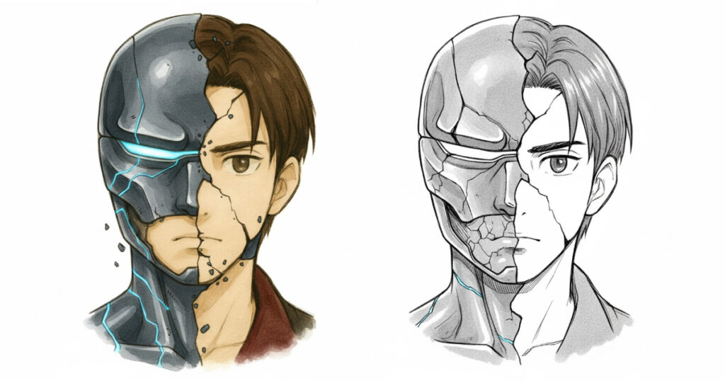 人間の顔が半分サイボーグに変化している様子を描いたイラスト