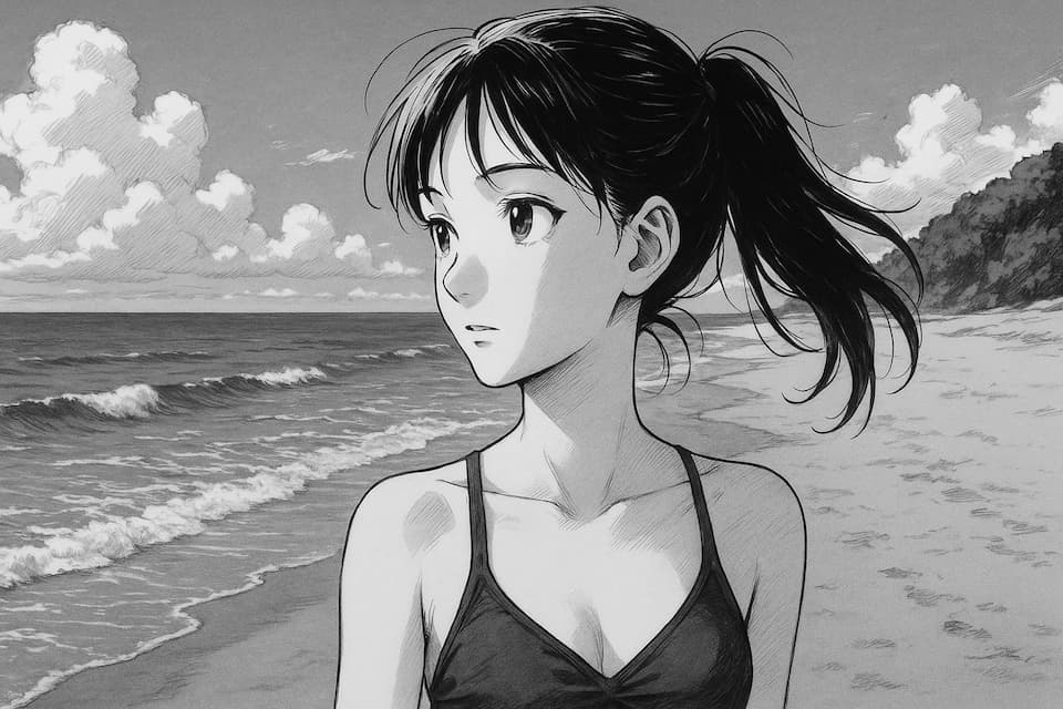 夏のビーチの風景、波打ち際を女性が歩いている