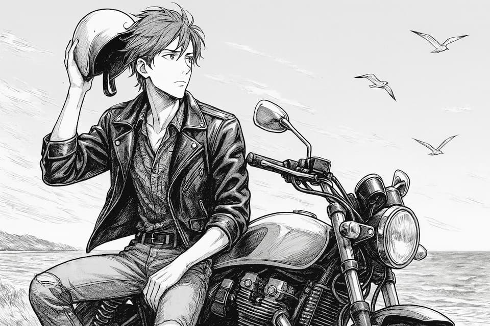 黒いレザージャケットの男性が海辺でバイクにまたがり、ヘルメットを手に髪を整えながら海を見つめるモノクロ漫画風イラスト。背景にはカモメが飛び、風の強い休日の昼を描いた情景。