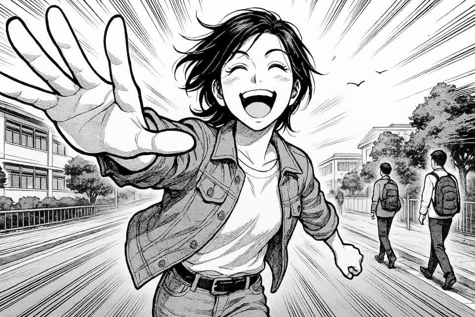 笑顔で手を大きく前に出して走る女性を描いたモノクロ漫画風イラスト。スピード線と奥行きのある構図で臨場感を表現している。