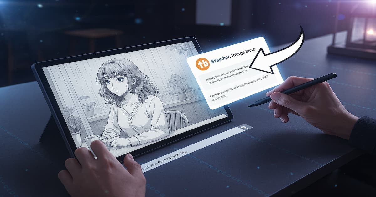 スタイラスペンでタブレットを操作し、画面には喫茶店風の背景で座る少女のモノクロ漫画イラストが表示されている。横にはポップアップ通知が浮かび上がり、机の上で作業している様子