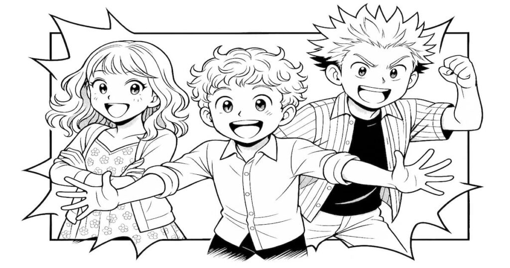 AI漫画の主人公3人が楽しそうに画面から飛び出してくるモノクロイラスト。ChatGPTとGeminiとクリスタで漫画を作る様子をイメージしたアイキャッチ画像。