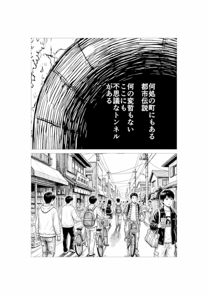 オープニング用のページ、きっかけになるトンネルと地方都市の学生の帰宅シーン。