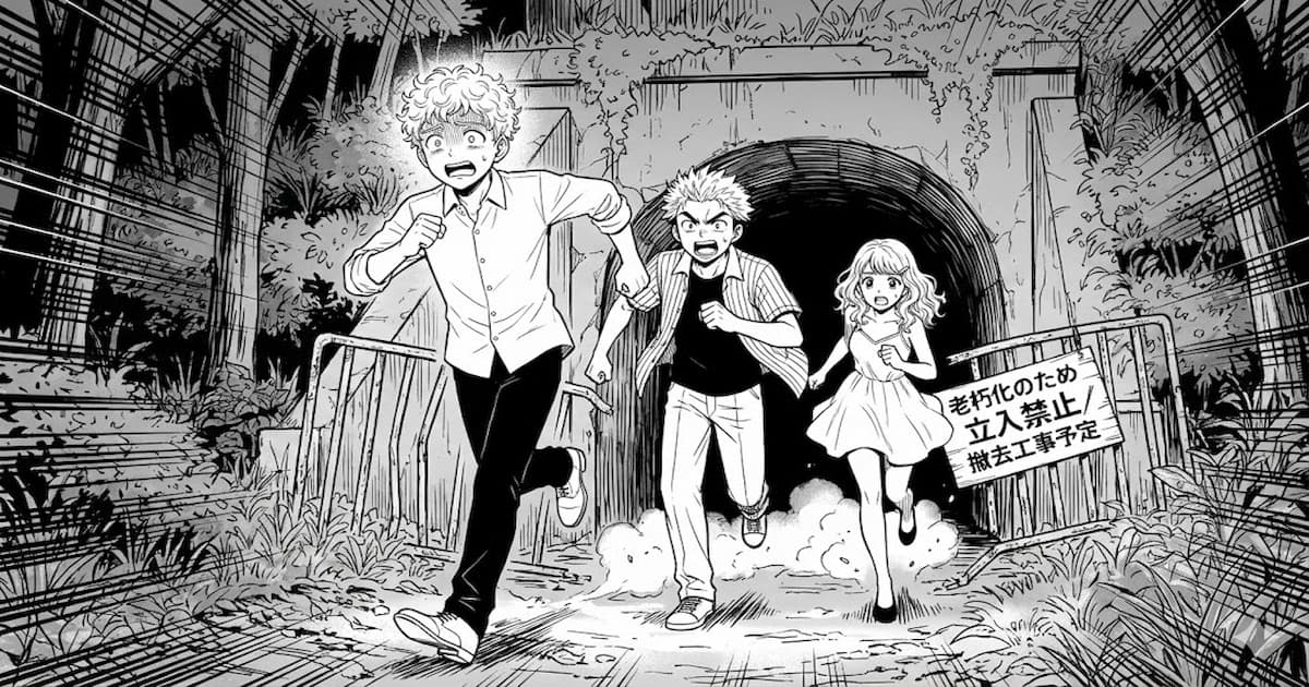 取り壊し予定のトンネルから全力で走って逃げる高校生3人を描いたモノクロ漫画シーン