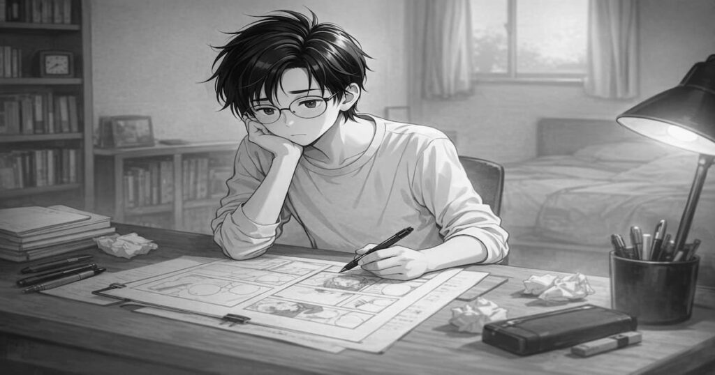 漫画制作に悩みながら机で原稿を見つめる、AI漫画に挑戦する初心者の青年