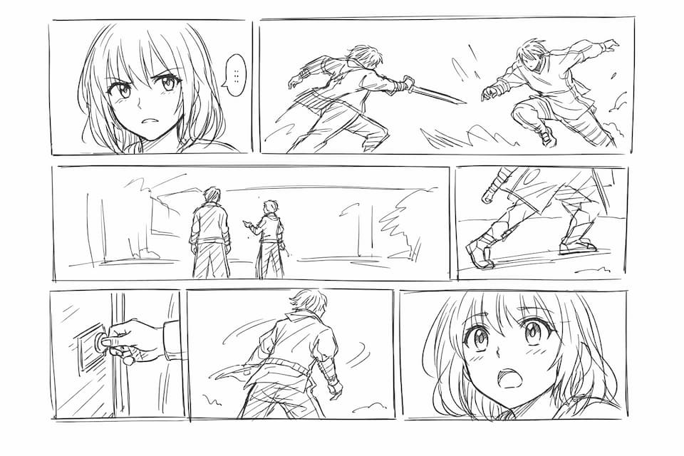 複数のコマ割りが描かれた漫画の下書き画像。キャラクターの表情やアクション、風景などがラフな線画で表現されている。