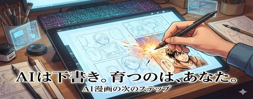 液晶タブレットに表示されたAI漫画の下書きを、自分の手でペン入れしている様子。画像の下部には「AIは下書き。育つのは、あなた。 AI漫画の次のステップ」というキャッチコピーが入っている。