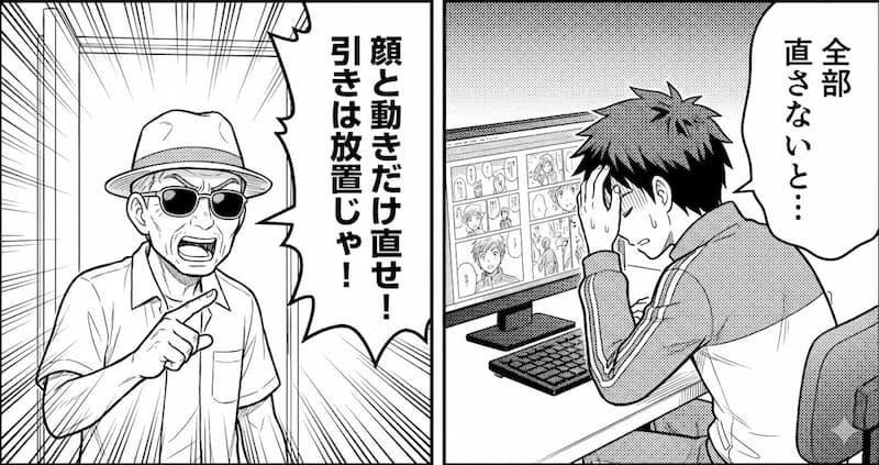 「全部直さないと…」と頭を抱える男性と、「顔と動きだけ直せ！引きは放置じゃ！」と喝を入れる老人の二コマ漫画アイキャッチ。