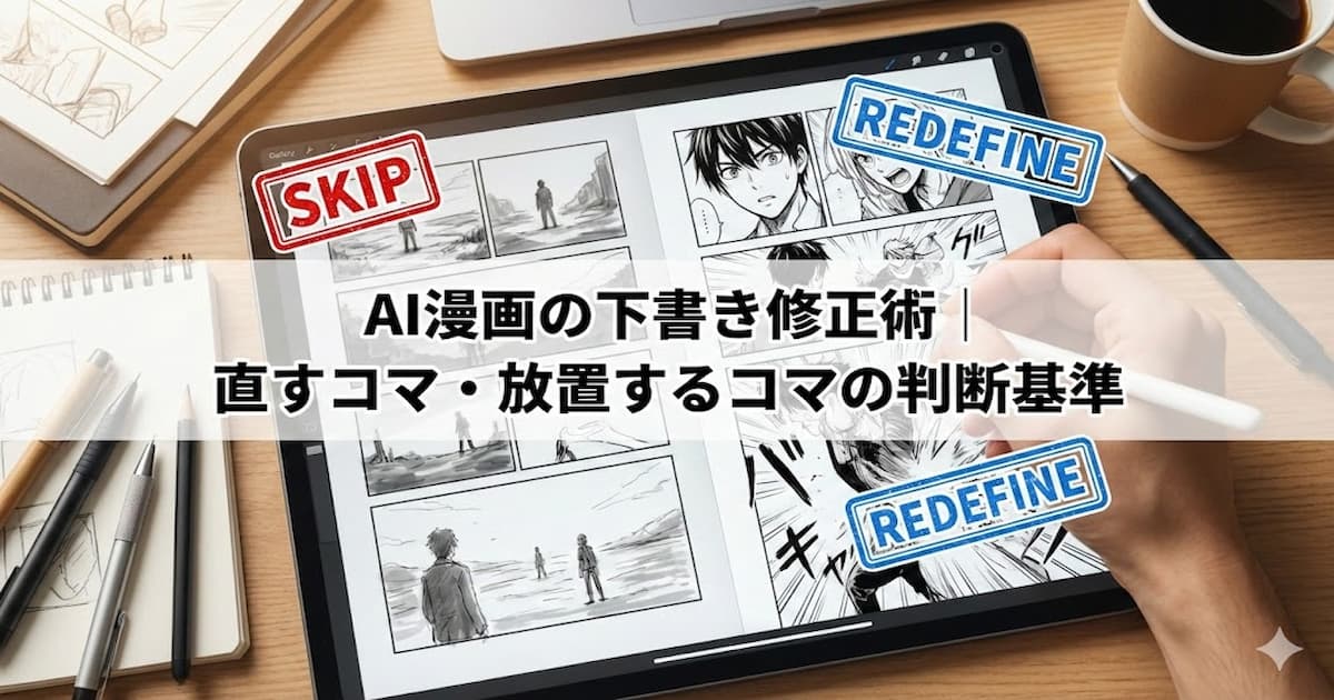 タブレットでAI漫画の下書きを修正している作業風景。左側のラフな背景コマには赤字で『SKIP』、右側のキャラクターの顔や動きのコマには青字で『REDEFINE』とスタンプが押され、ペンを持った手が修正を加えている。中央には記事タイトルの『AI漫画の下書き修正術|直すコマ・放置するコマの判断基準』という文字が表示されている。