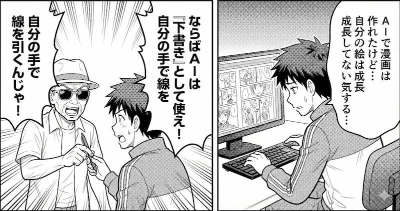 「AIで漫画は作れたけど…自分の絵は成長してない気がする…」と悩む男性と、「ならばAIは『下書き』として使え！自分の手で線を引くんじゃ！」とペンを渡す老人の二コマ漫画アイキャッチ。