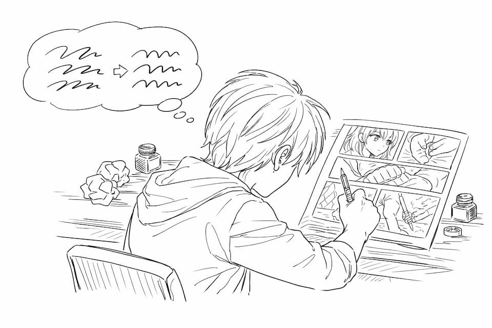 机に向かい、ペンを持って漫画の下書きを描いている人物の後ろ姿のラフスケッチ。頭上の吹き出しには、コマ割りやセリフの構想(ネーム)が波線で表現されている。