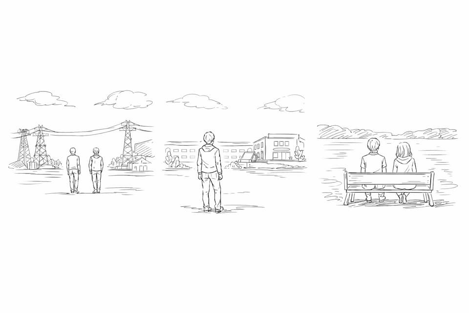漫画の遠景(引きの構図)のラフスケッチ3点。左は鉄塔と電線がある郊外に立つ二人、中央は学校のような大きな建物の前に立つ人物の後ろ姿、右は湖畔のベンチに並んで座る二人の後ろ姿。