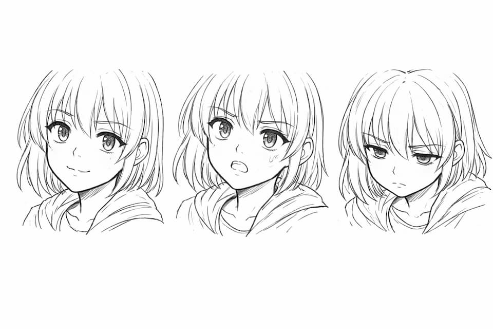ショートカットの女性キャラクターの顔の線画スケッチが横に3つ並んでいる。左は穏やかに微笑む表情、中央は少し汗をかいて驚き焦っている表情、右は不機嫌そうに横目で見ているジト目の表情。