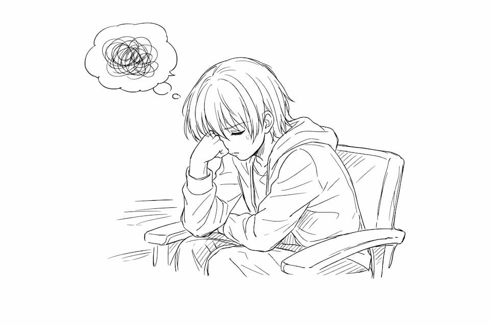 椅子に座って深く悩んでいるキャラクターのラフスケッチ。頬杖をついてうつむき、頭上にはモヤモヤとした悩みを表す吹き出しが描かれている。