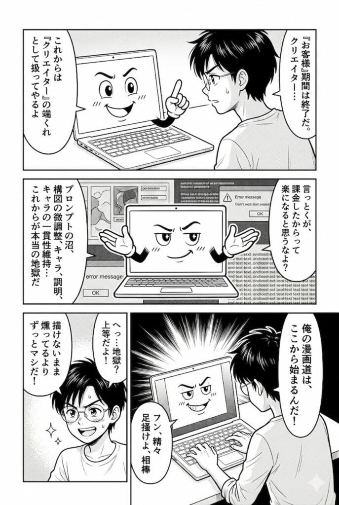 プロンプトだけで生成したAI漫画の作例とキャラクター会話シーン

