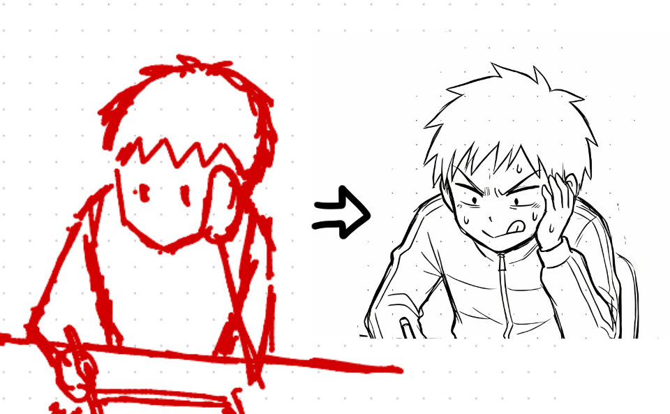 Huion Noteで描いた落書きをAIで清書して漫画用線画に変換した比較画像
